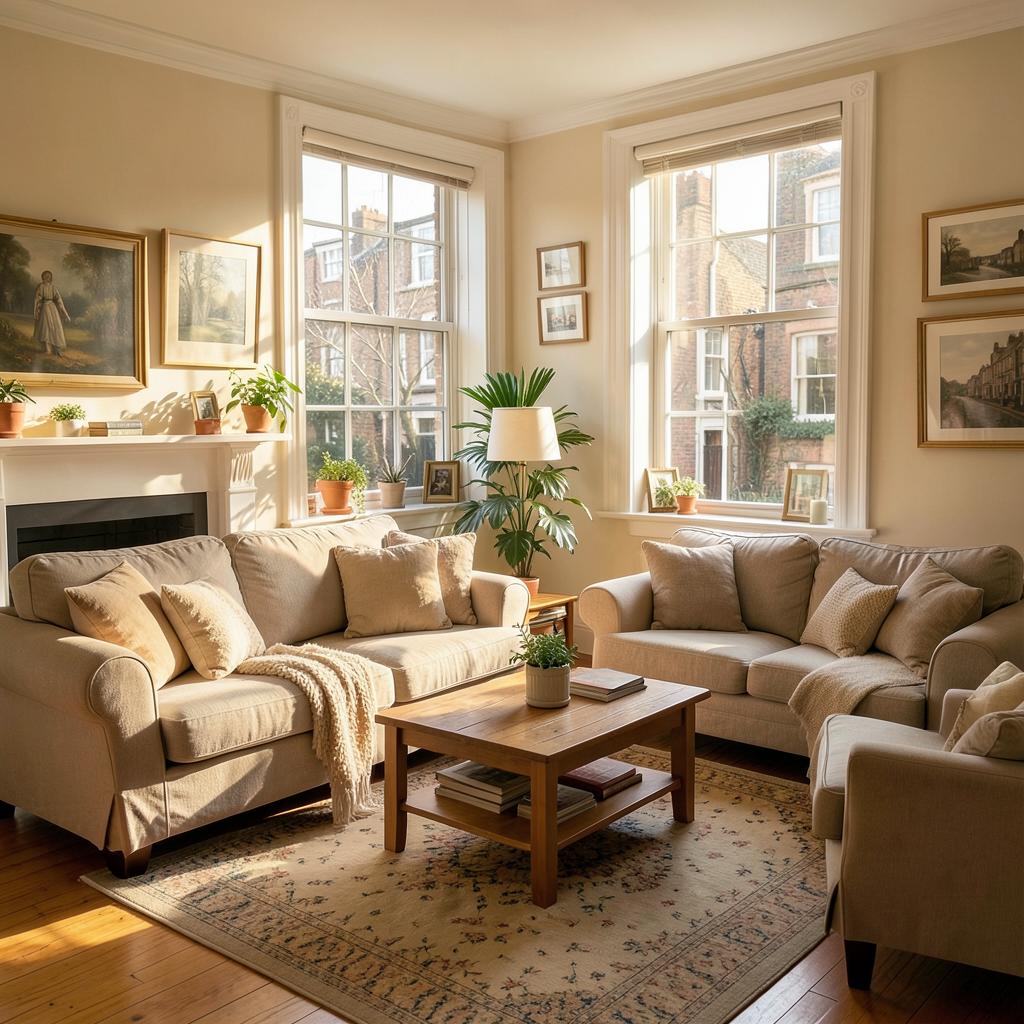 Warm, well-kept living room of a West London rental home