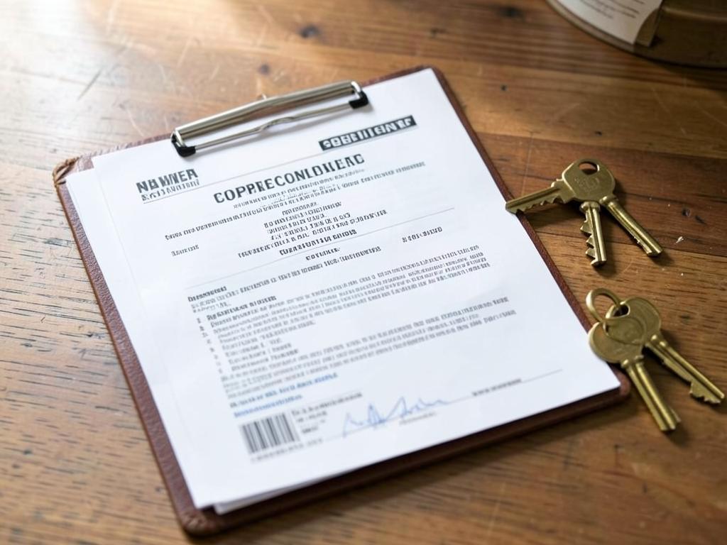 Property compliance certificate on a clipboard beside keys