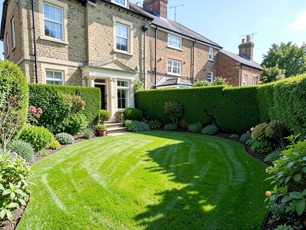 Freshly cut lawn and trimmed hedges behind a house